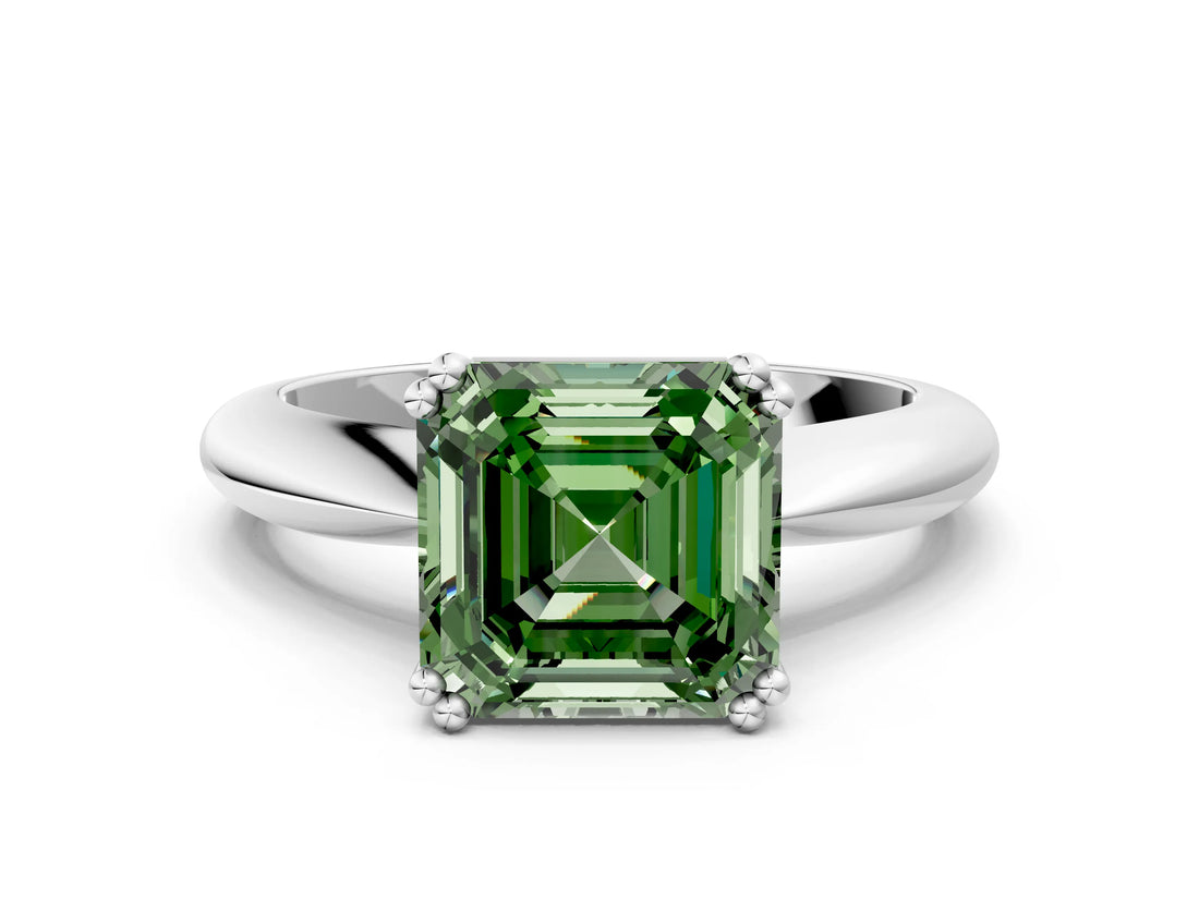 Silver Fancy Green Asscher  Cut Solitaire Engagement Ring with Tapered Band and Four-Prong Setting 1