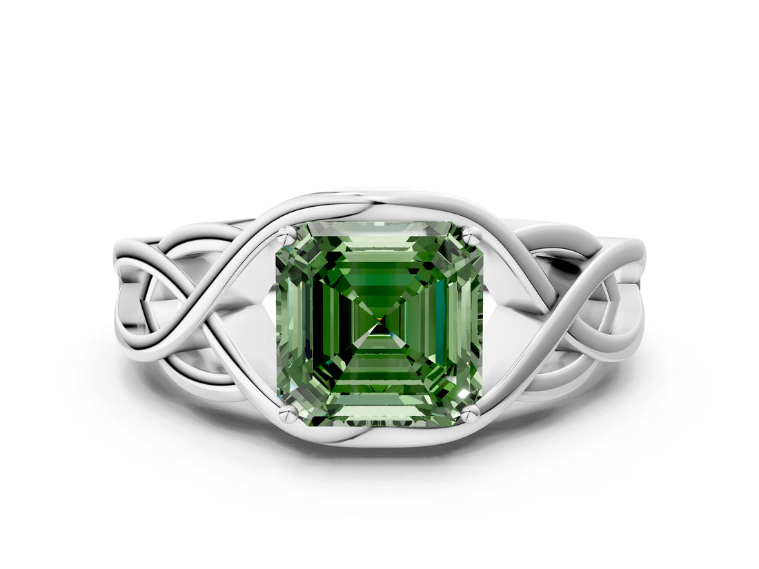 Silver Fancy Green Asscher Cut Solitaire Intertwined Band Prong Setting Ring_6
