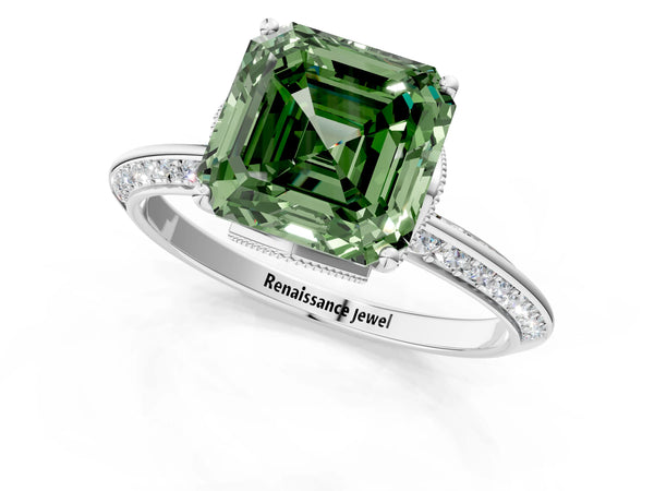 Sterling Silver Asscher Cut Graduated Pave Engagement Ring Setting for Fancy Green Center