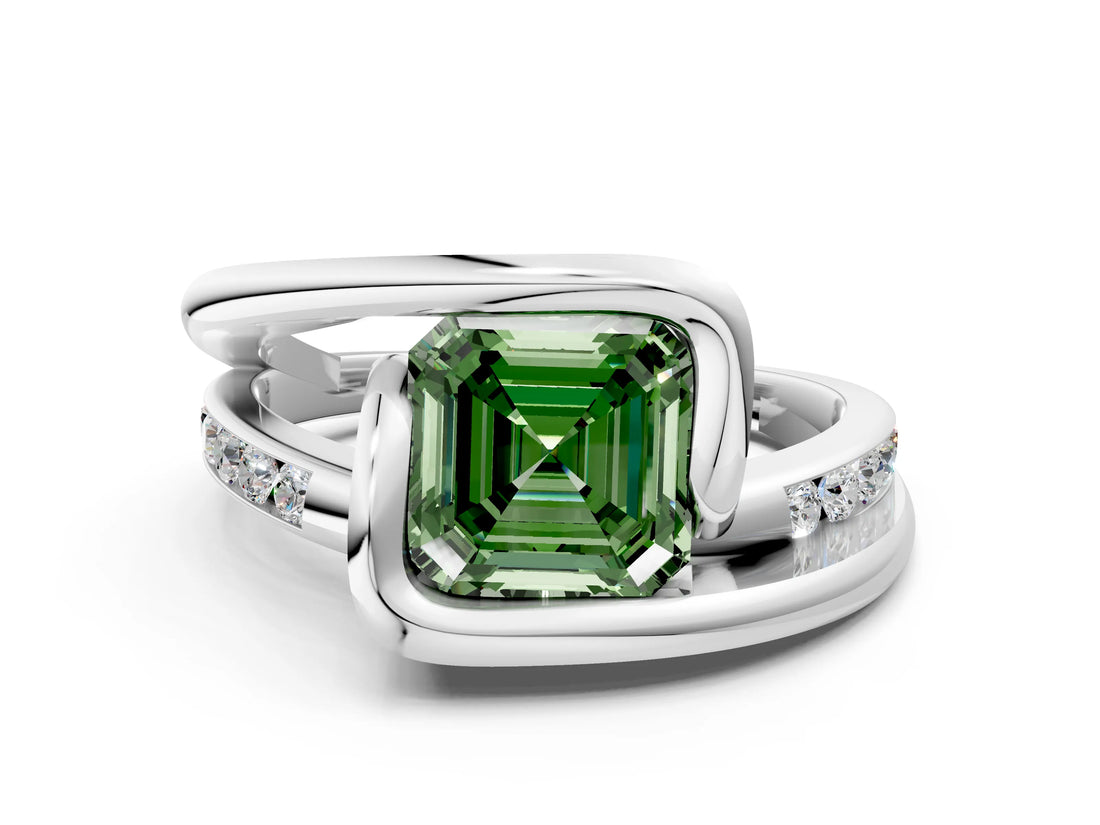 Silver Fancy Green Asscher Cut Solitaire Tension-Set Diamond Split Shank Ring_18