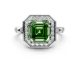 Silver Fancy Green Asscher  Halo Diamond Engagement Ring with Twisted Band and Four-Prong Setting