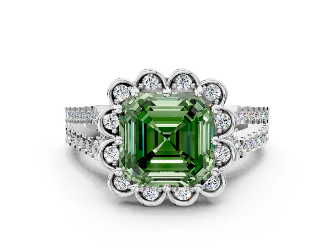 Silver Fancy Green Asscher  Halo Diamond Floral Split Shank Engagement Ring