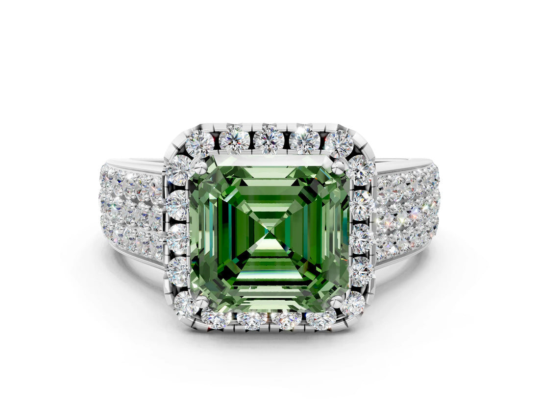 Silver Fancy Green Asscher  Halo Round Diamond Pave Band with Prong Setting