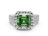 Silver Fancy Green Asscher  Halo Round Diamond Pave Band with Prong Setting