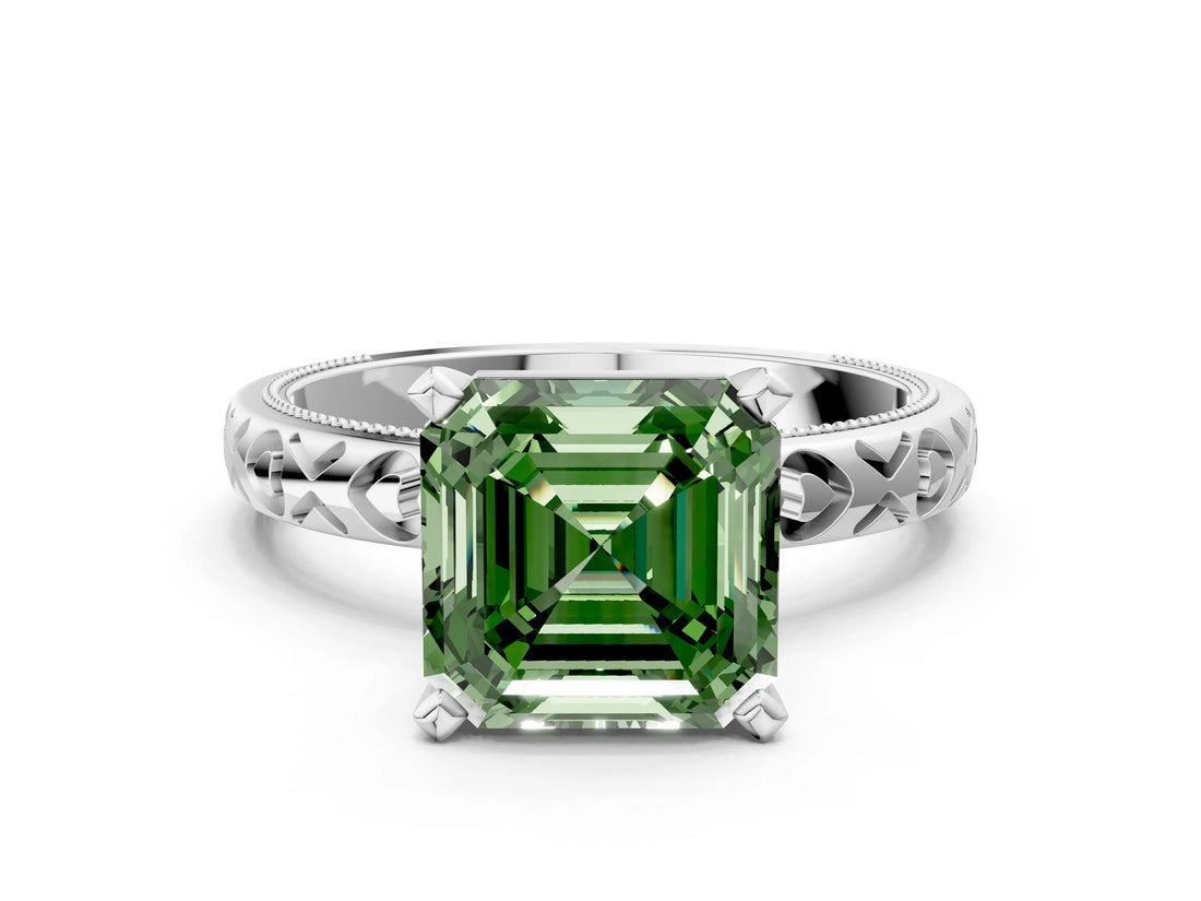Silver Fancy Green Asscher  Solitaire Diamond Engagement Ring with XO Engraved Band and Four-Prong Setting 1