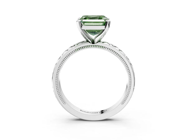 Sterling Silver Asscher Cut XO Engraved Engagement Ring Setting for Fancy Green Center