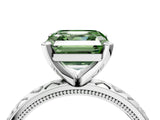 Silver Fancy Green Asscher  Solitaire Diamond Engagement Ring with XO Engraved Band and Four-Prong Setting 5