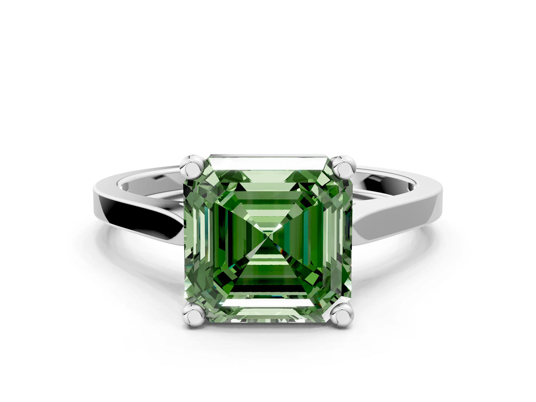 Silver Fancy Green Asscher  Solitaire Diamond Ring with Four-Prong Setting and Tapered Band 1