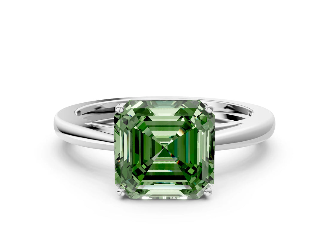 Silver Fancy Green Asscher  Solitaire Diamond Ring with Split Shank and Four-Prong Setting_12