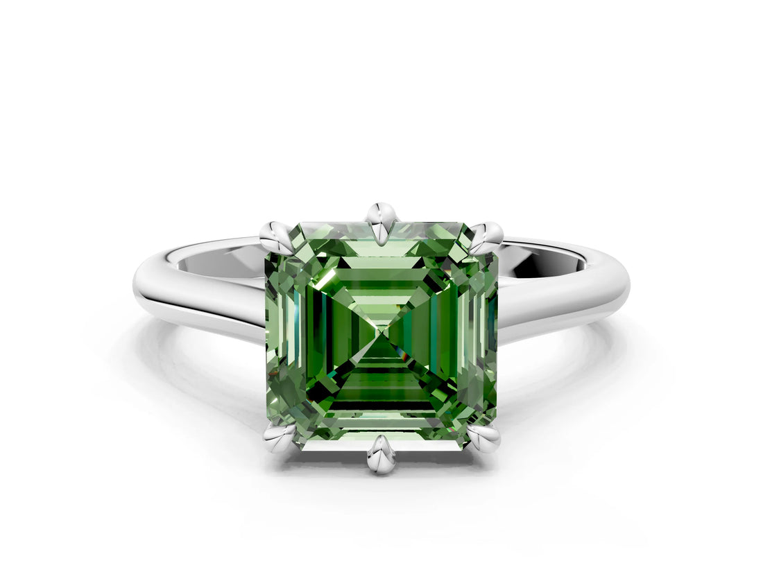 Silver Fancy Green Asscher  Solitaire Engagement Ring with Six-Prong Setting and Classic Band 1