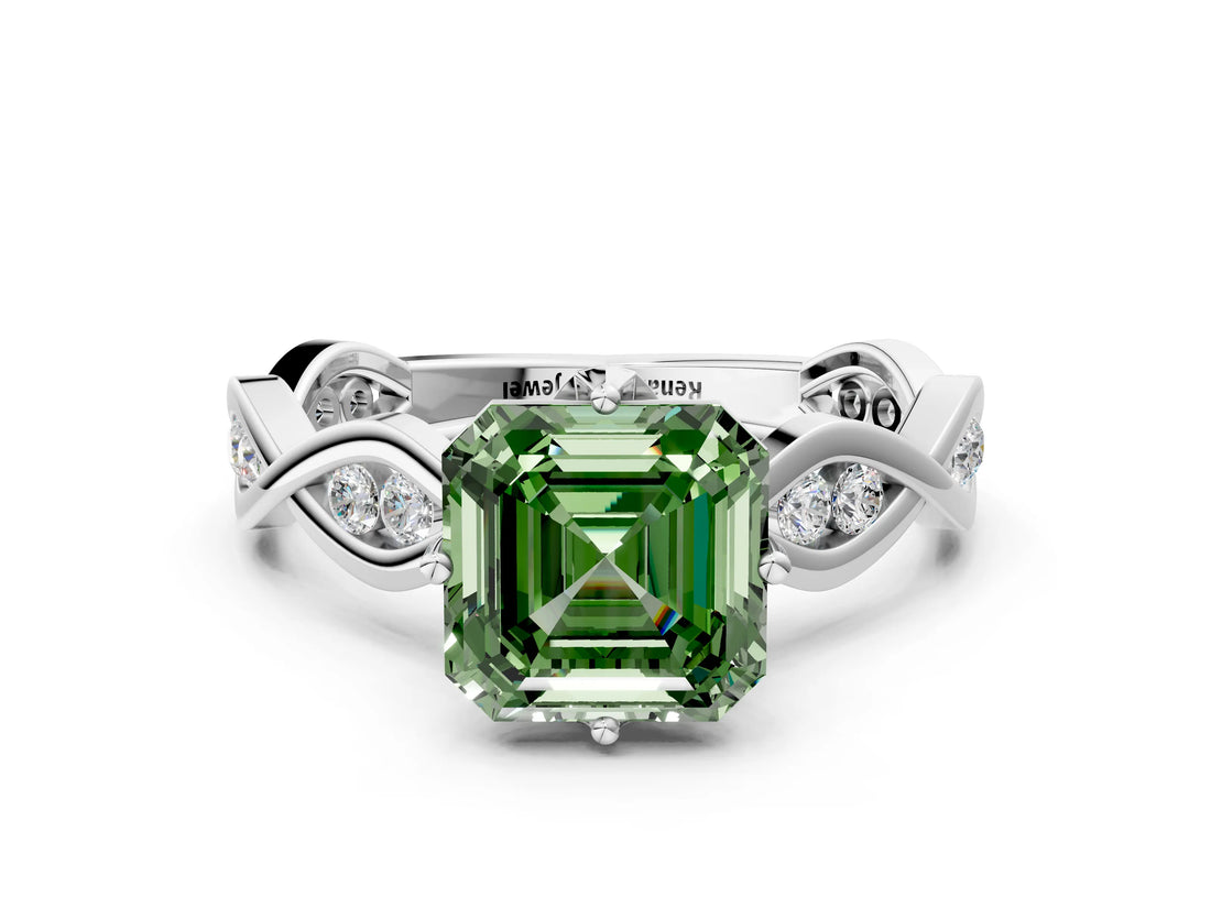Silver Fancy Green Asscher  Solitaire Twist Band with Leaf Prong Setting 1