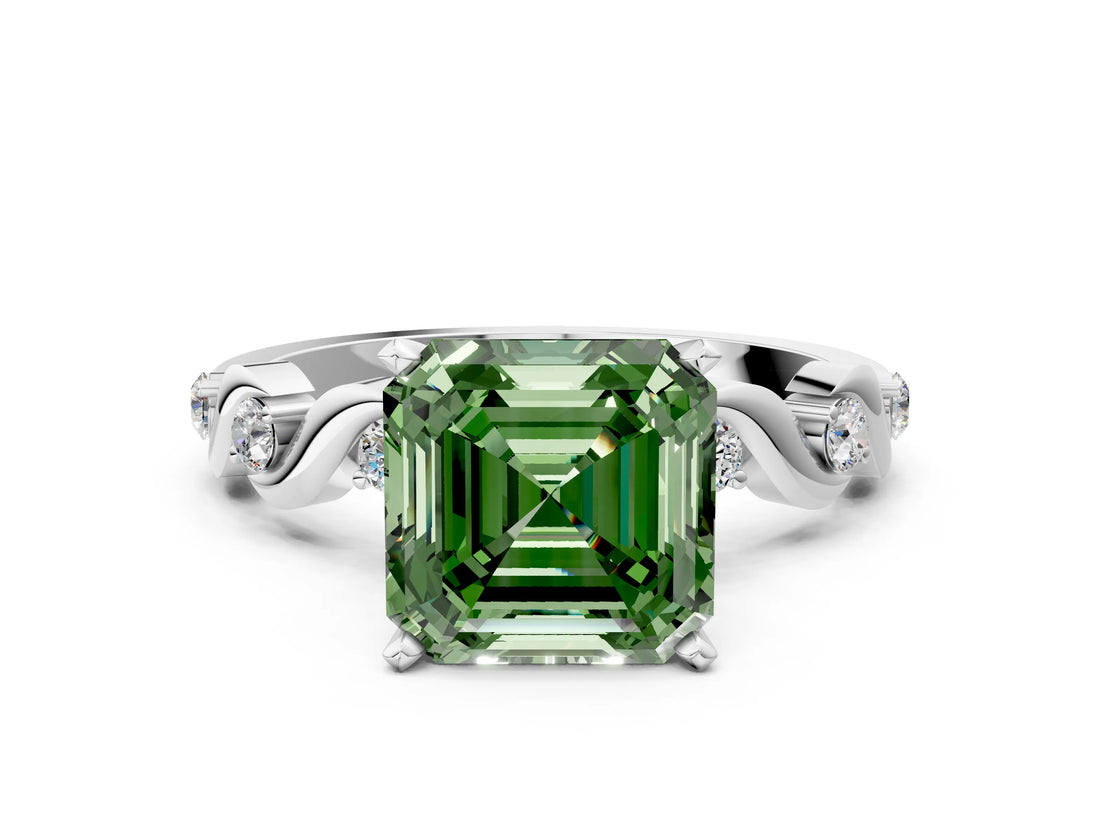 Silver Fancy Green Asscher  Solitaire Twisted Band with Prong Setting 1