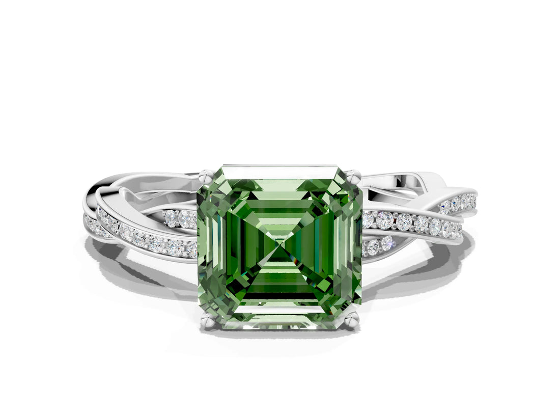 Silver Fancy Green Asscher  Solitaire Twisted Pave Diamond Ring with Four-Prong Setting_1