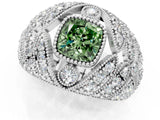 Silver Fancy Green Cushion Cut Brilliant Halo Pave Diamond Milgrain Ring_7