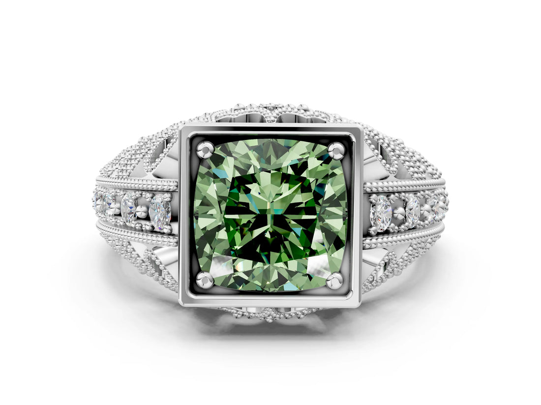 Silver Fancy Green Cushion Cut Brilliant Milgrain Filigree Diamond Ring with Square Prong Setting_6