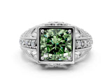 Silver Fancy Green Cushion Cut Brilliant Milgrain Filigree Diamond Ring with Square Prong Setting_6