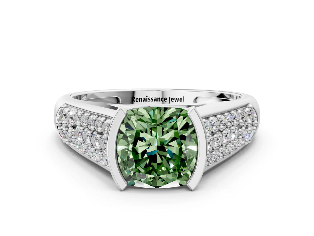 Silver Fancy Green Cushion Cut Cut Diamond Channel Set Pave Band with Tension Prong Setting_6