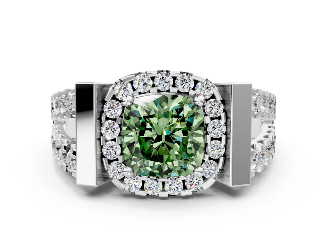 Silver Fancy Green Cushion Cut Cut Halo Split Shank Prong Set Ring_6