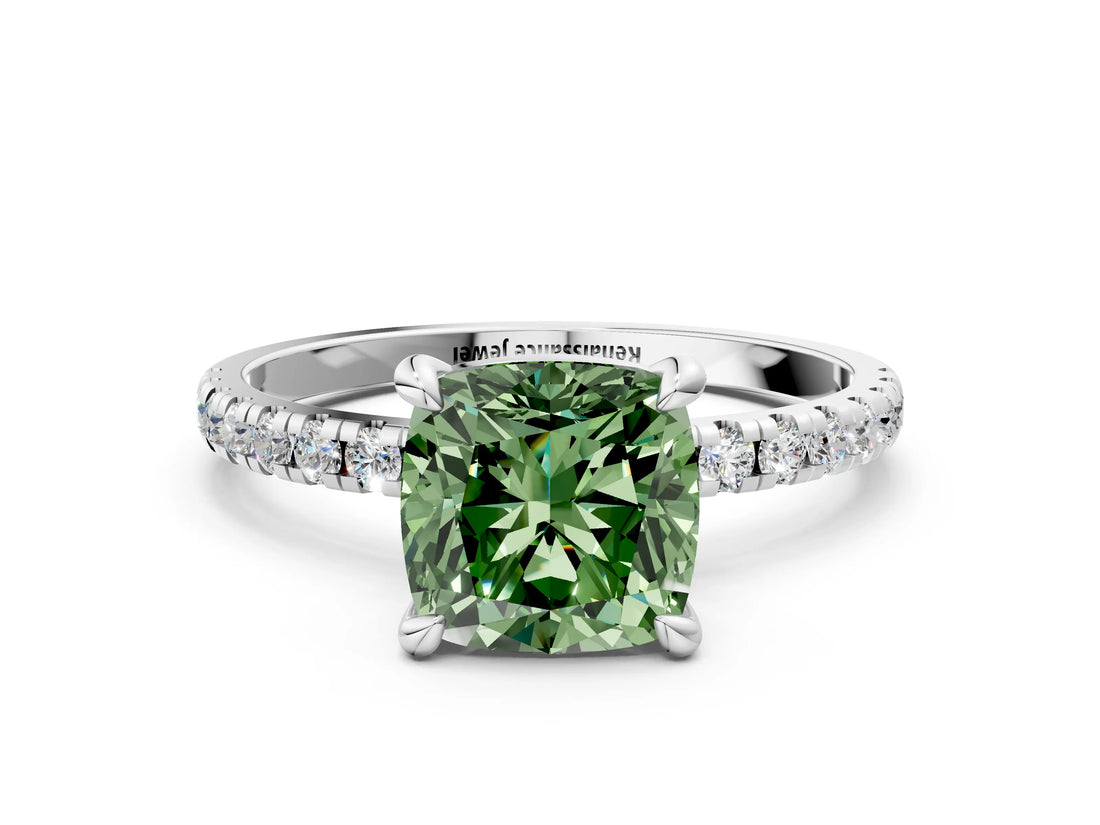 Silver Fancy Green Cushion Cut Diamond Brilliant Solitaire Ring with Pavé Band and Four-Prong Setting_36