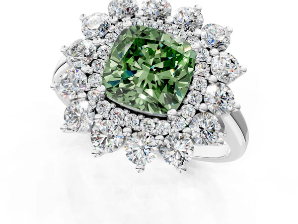Sterling Silver Cushion Cut Floral Double Halo Engagement Ring Setting for Fancy Green Center