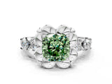Silver Fancy Green Cushion  Cut Diamond Floral Halo Engagement Ring with Shared Prong Setting 1