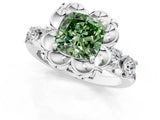 Silver Fancy Green Cushion  Cut Diamond Floral Halo Engagement Ring with Shared Prong Setting 2