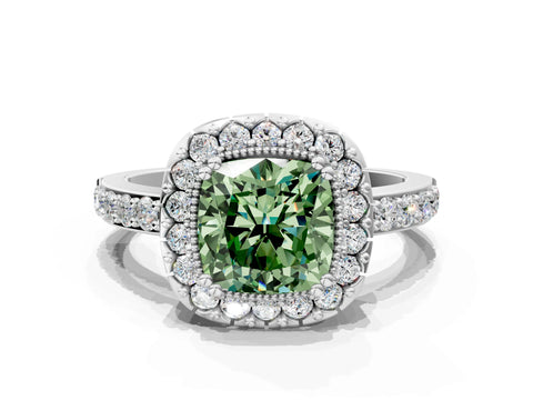 Silver Fancy Green Cushion Cut Diamond Halo Ring with Pavé Band and Prong Setting_12