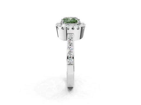 Silver Fancy Green Cushion Cut Diamond Halo Ring with Pavé Band and Prong Setting_14