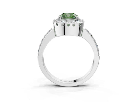 Silver Fancy Green Cushion Cut Diamond Halo Ring with Pavé Band and Prong Setting_15
