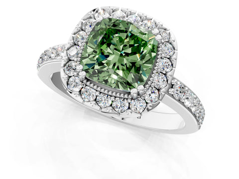 Silver Fancy Green Cushion Cut Diamond Halo Ring with Pavé Band and Prong Setting_19