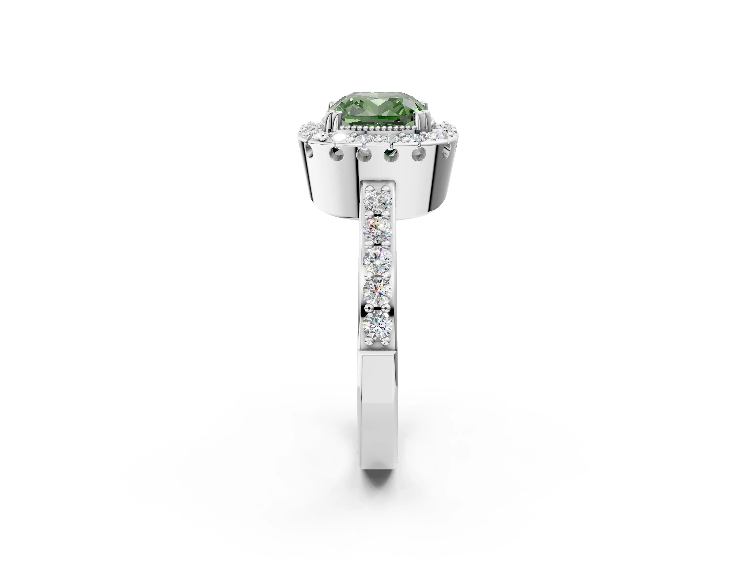 Silver Fancy Green Cushion Cut Diamond Halo Ring with Pavé Band and Prong Setting_20