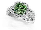 Silver Fancy Green Cushion Cut Diamond Halo Ring with Round Split Shank and Prong Setting_1