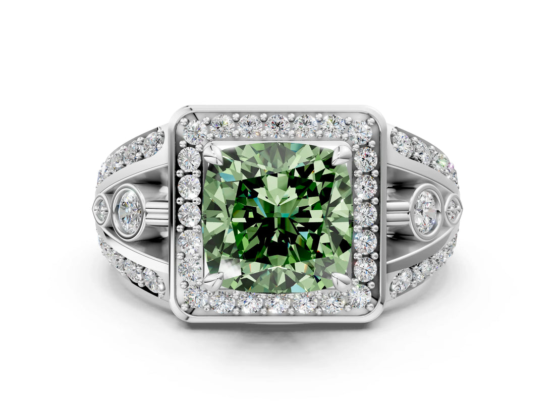 Silver Fancy Green Cushion Cut Diamond Halo Ring with Split Shank and Bezel Accents and Four-Prong Setting_6