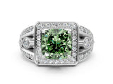 Silver Fancy Green Cushion Cut Diamond Halo Ring with Split Shank and Bezel Accents and Four-Prong Setting_6