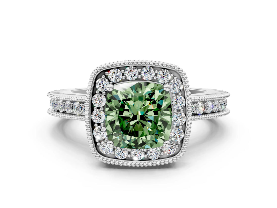 Silver Fancy Green Cushion Cut Diamond Milgrain Halo Engagement Ring with Round Pavé Band and Prong Setting_12