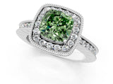 Silver Fancy Green Cushion Cut Diamond Milgrain Halo Engagement Ring with Round Pavé Band and Prong Setting_13