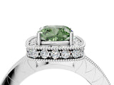 Silver Fancy Green Cushion Cut Diamond Milgrain Halo Engagement Ring with Round Pavé Band and Prong Setting_16