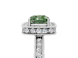 Silver Fancy Green Cushion Cut Diamond Milgrain Halo Engagement Ring with Round Pavé Band and Prong Setting_17