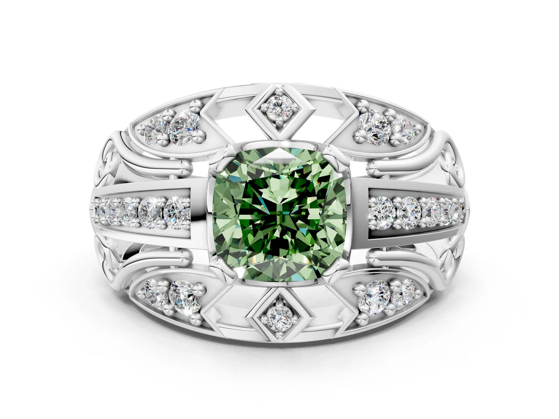 Silver Fancy Green Cushion Cut Diamond Pave Art Deco Split Shank Ring with Four-Prong Setting_6
