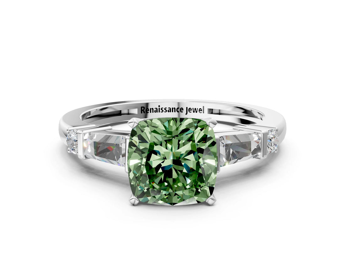 Silver Fancy Green Cushion  Cut Diamond Ring with Baguette Side Stones, Channel Set Band, and Four-Prong Setting_12