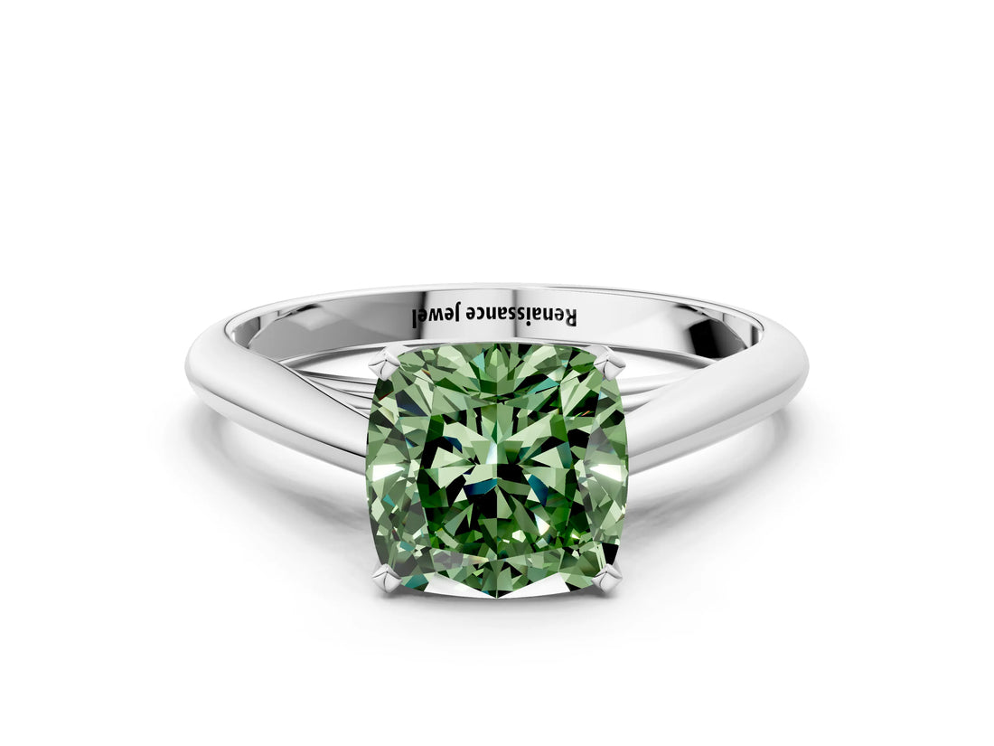 Silver Fancy Green Cushion Cut Diamond Solitaire Engagement Ring with Cathedral Setting and Four-Prong Mount