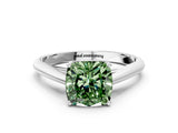Silver Fancy Green Cushion Cut Diamond Solitaire Engagement Ring with Cathedral Setting and Four-Prong Mount