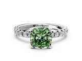 Silver Fancy Green Cushion Cut Diamond Solitaire Pavé Engagement Ring with Round Band and Prong Setting_2