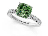 Silver Fancy Green Cushion Cut Diamond Solitaire Pavé Engagement Ring with Round Band and Prong Setting_3
