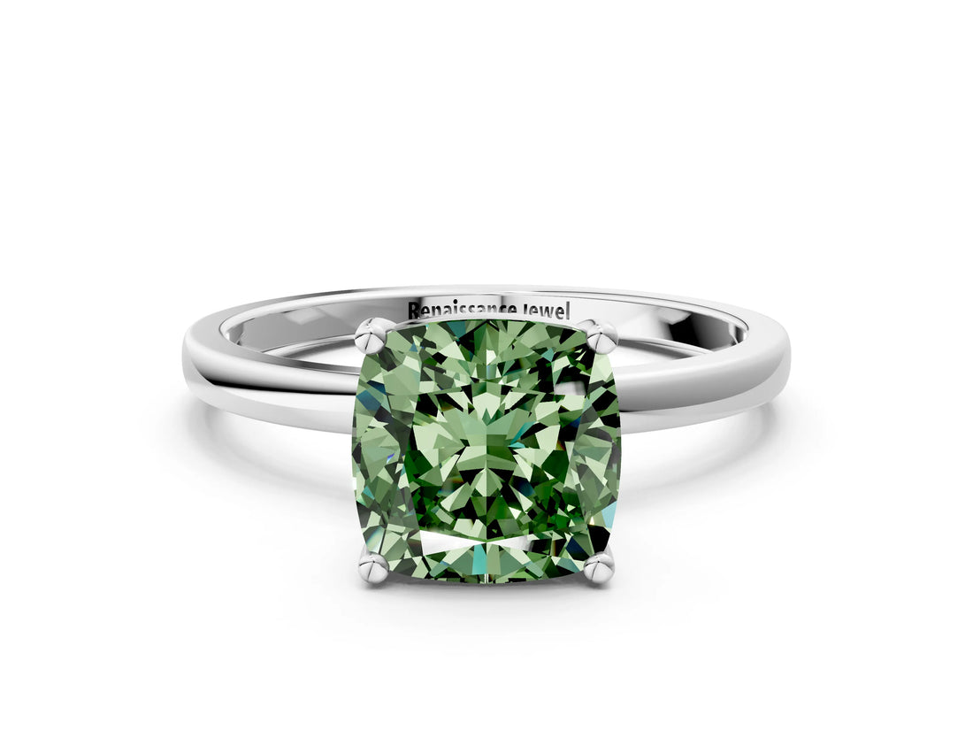 Silver Fancy Green Cushion Cut Diamond Solitaire Ring with Classic Band and Four-Prong Setting_6