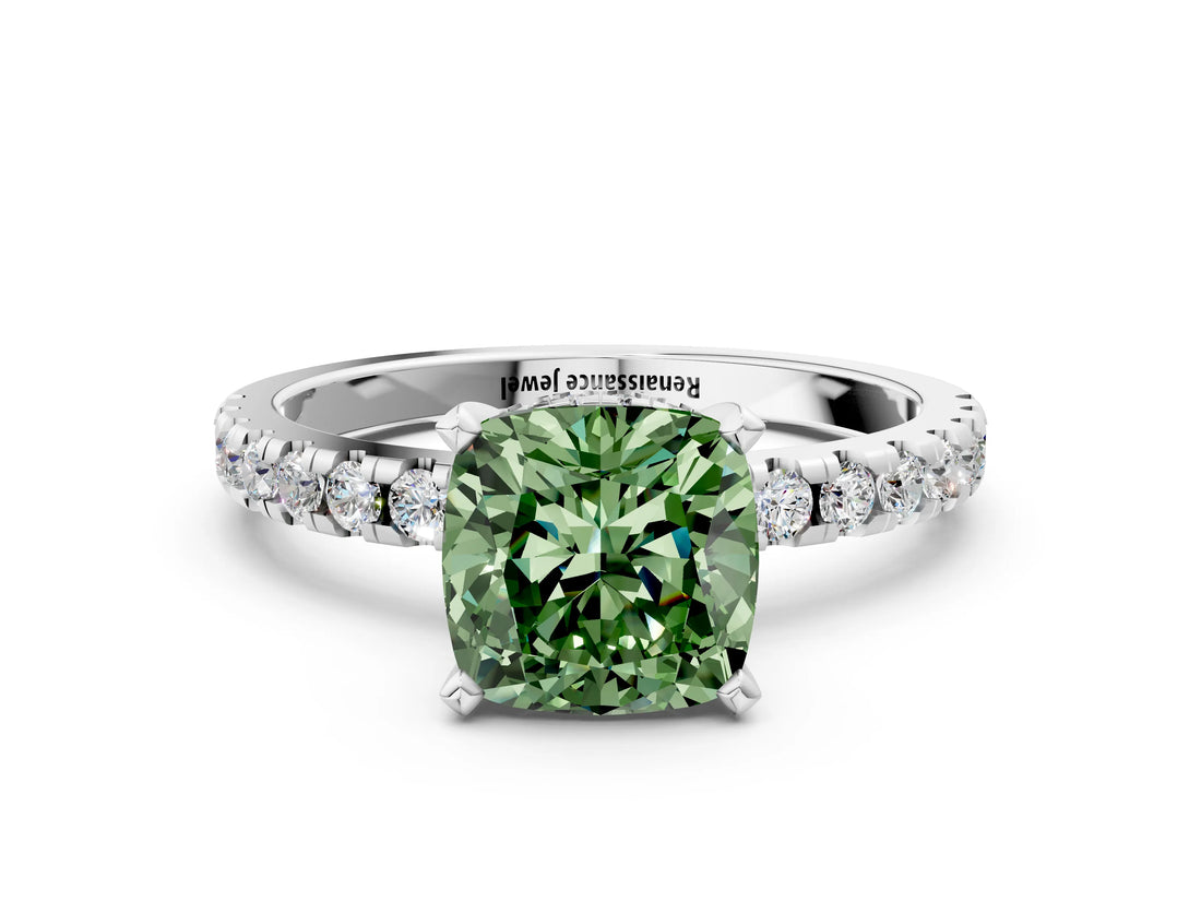 Silver Fancy Green Cushion Cut Diamond Solitaire Ring with Round  Pavé Band and Four-Prong Setting_61