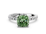 Silver Fancy Green Cushion Cut Diamond Solitaire Ring with Round  Pavé Band and Four-Prong Setting_61