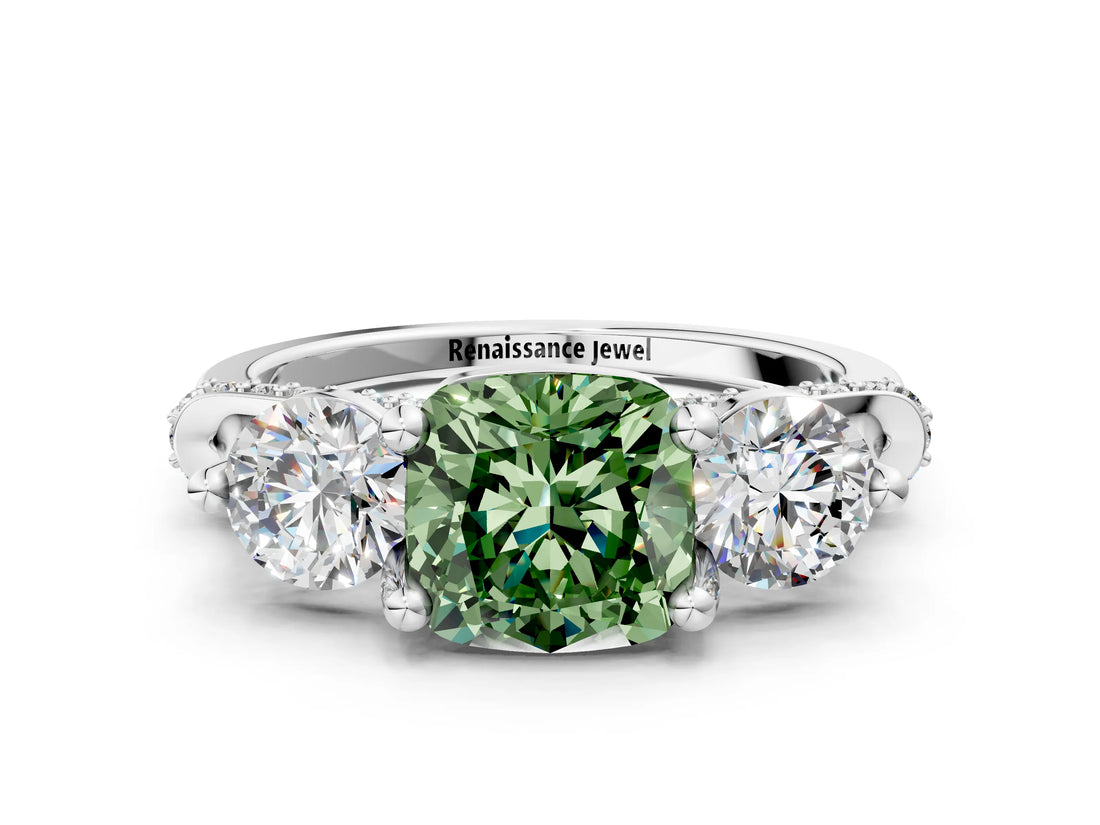 Silver Fancy Green Cushion Cut Diamond Three-Stone Ring with Prong Setting and Pavé Band_6