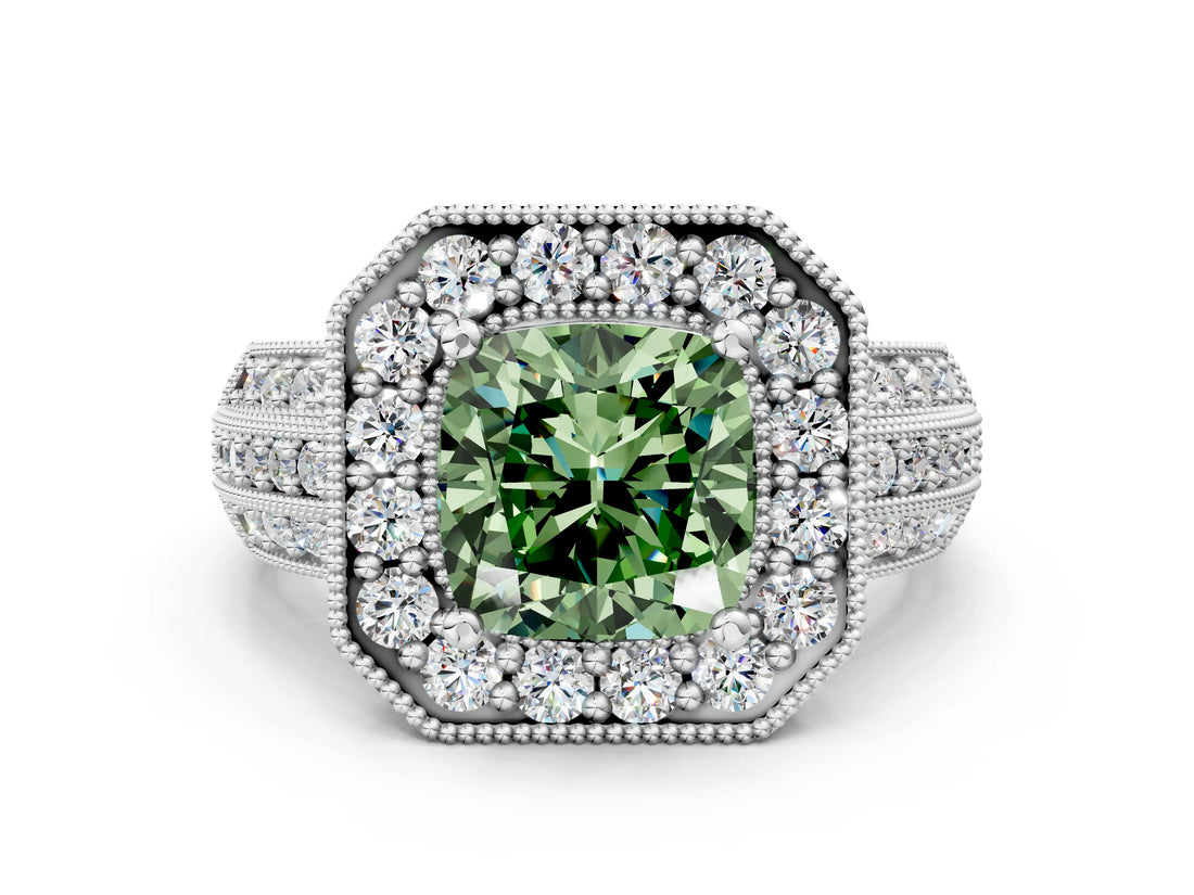 Silver Fancy Green Cushion Cut Halo Diamond Engagement Ring with Pave Split Shank and Four-Prong Setting_12