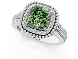 Silver Fancy Green Cushion Cut Halo Diamond Ring with Beaded Split Shank and Four-Prong Setting_7